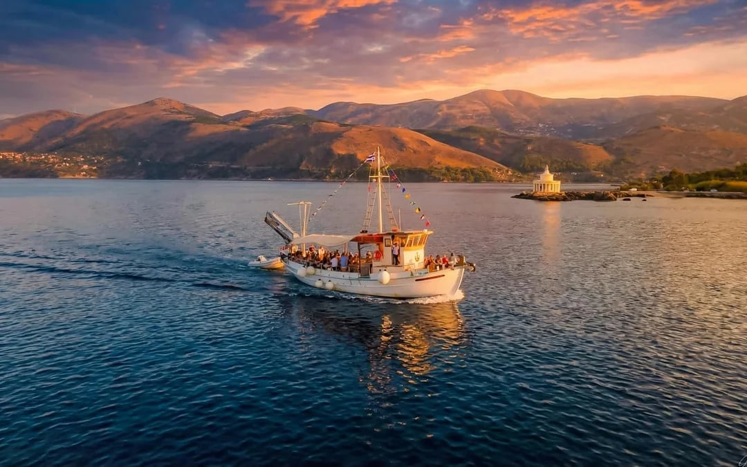 Argostoli Sunset Cruise with Vardiani Island Swim Stop, Greek Buffet and Unlimited Wine Image 1
