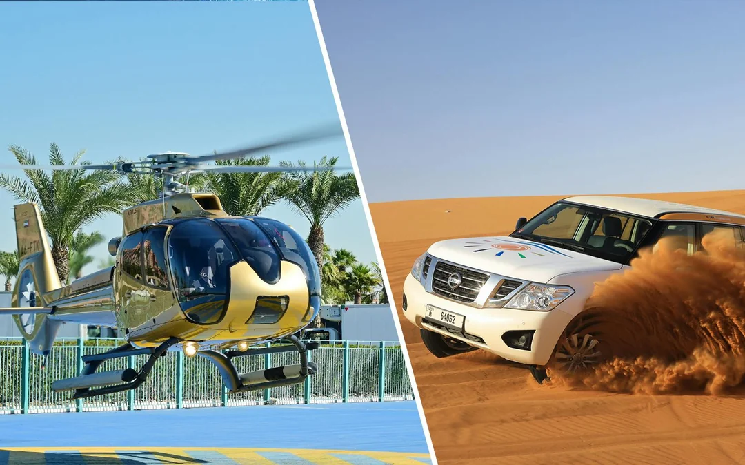 Combo: 15-Min Helicopter Tour of Dubai & Red Dunes Desert Safari with Bedouin Camp Experience Image 1
