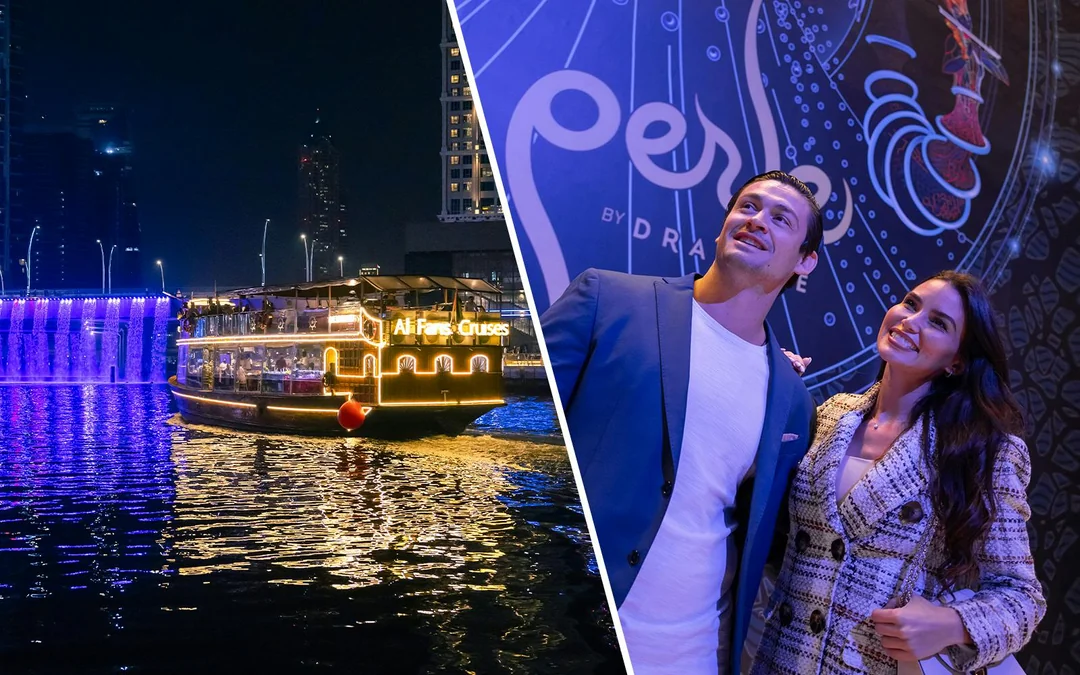 Dine & Dazzle Evening Package: Dubai Canal Dinner Cruise with Unlimited Drinks + La Perle Show Image 1