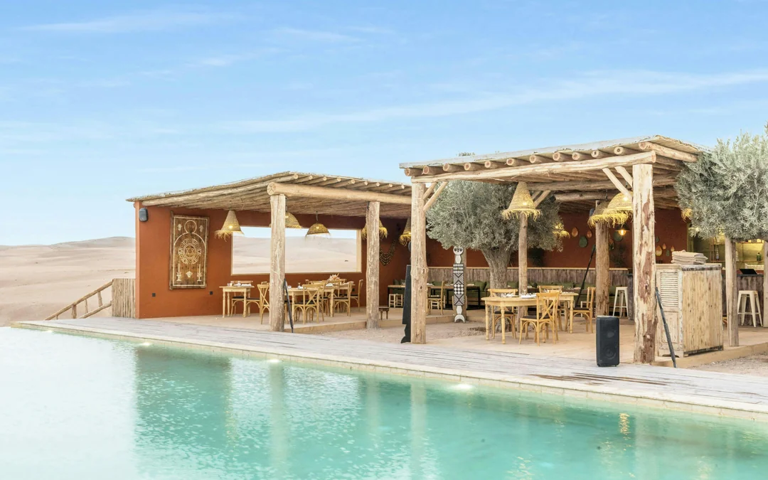 From Marrakesh: Sunset Agafay Desert Luxury Camp Experience with 3-Course Dinner, Pool Access & Dinner Show Image 1