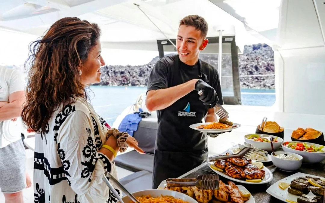 From Santorini: Premium Catamaran Cruise with Meal, Drinks & Transfers Image 5
