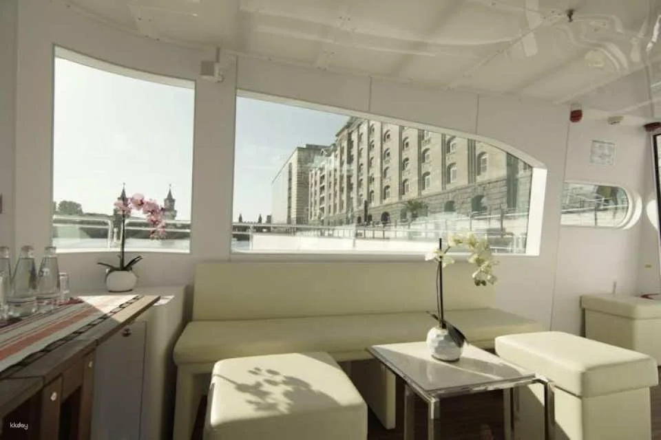 Solar-powered catamaran cruise on Berlin's Spree River at sunset