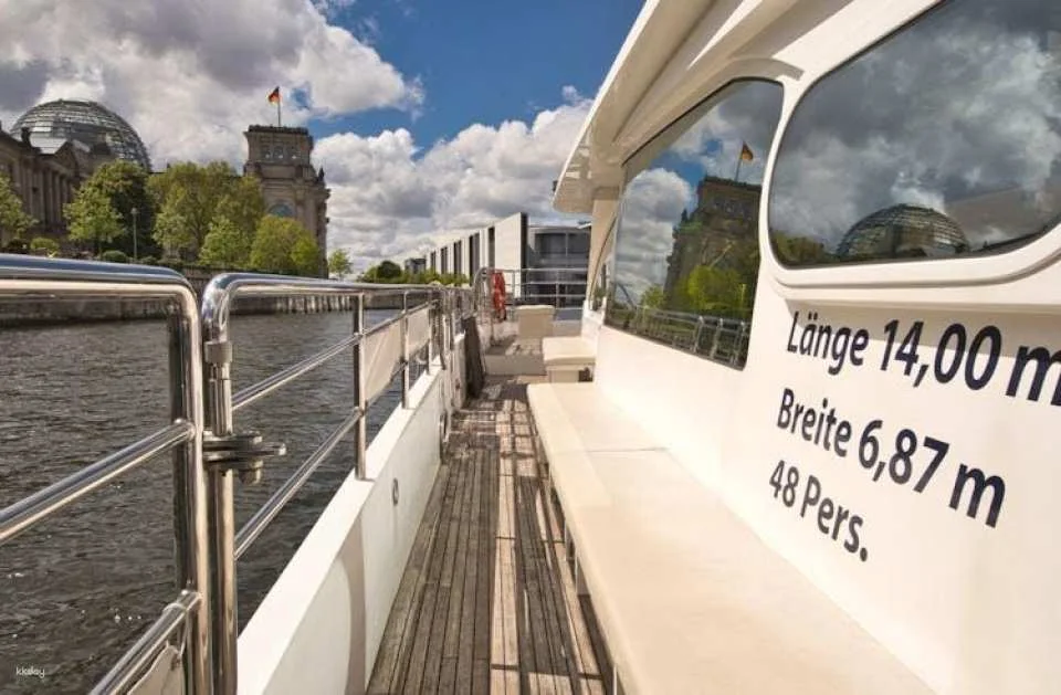 Solar-powered catamaran cruise on Berlin's Spree River at sunset