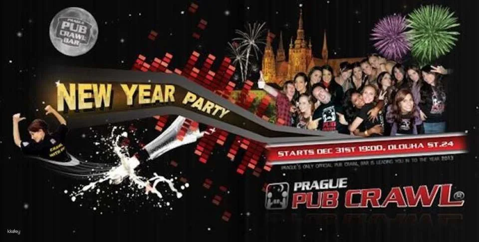 Prague New Year's Eve party pub crawl and Karlovy Lazne entrance