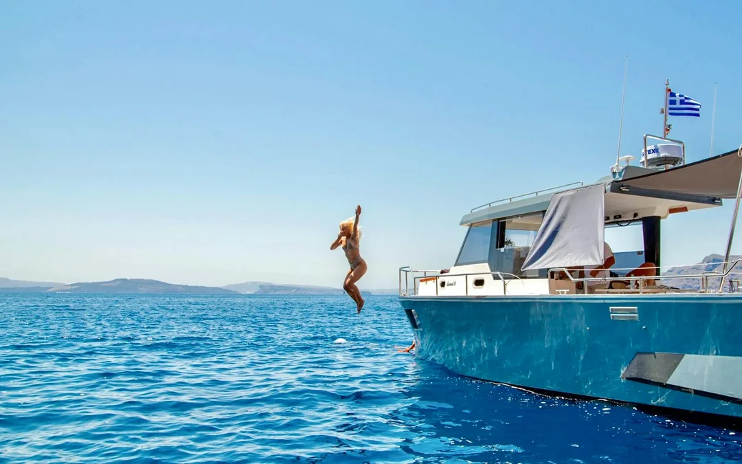 Majestic Day or Sunset Semi-Private Santorini Catamaran Cruise with Meal & Beverages Image 4